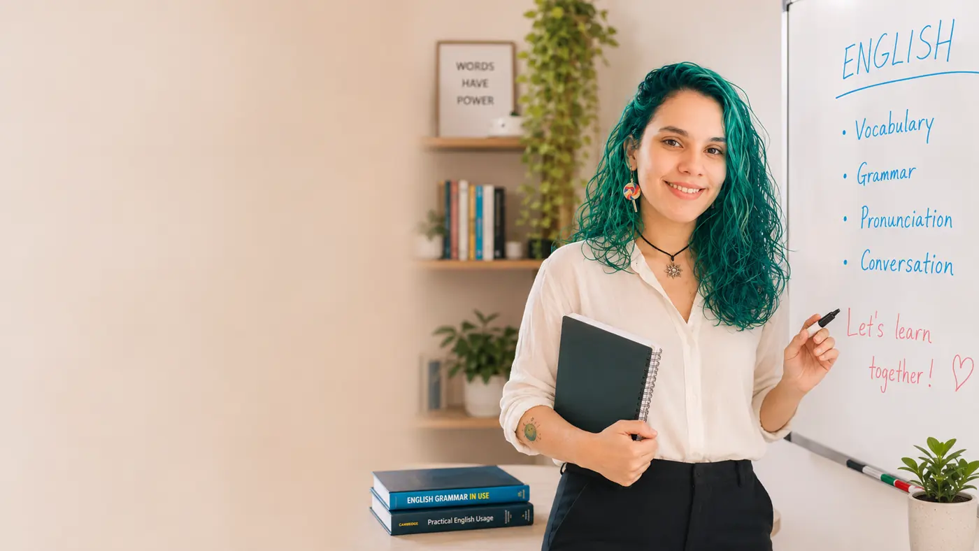 Teacher Isabel Carvalho em uma aula online de inglês