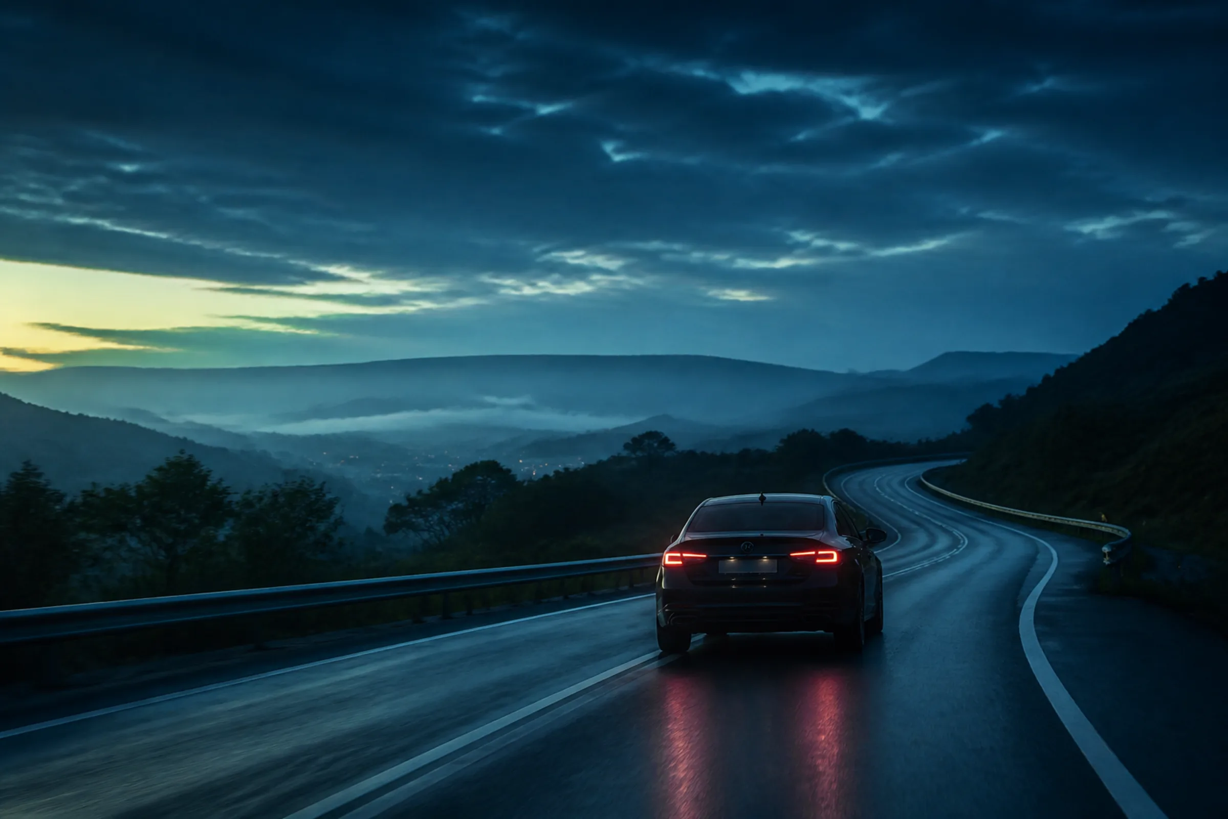 Estrada ao entardecer com veículo ao longe, atmosfera calma e institucional