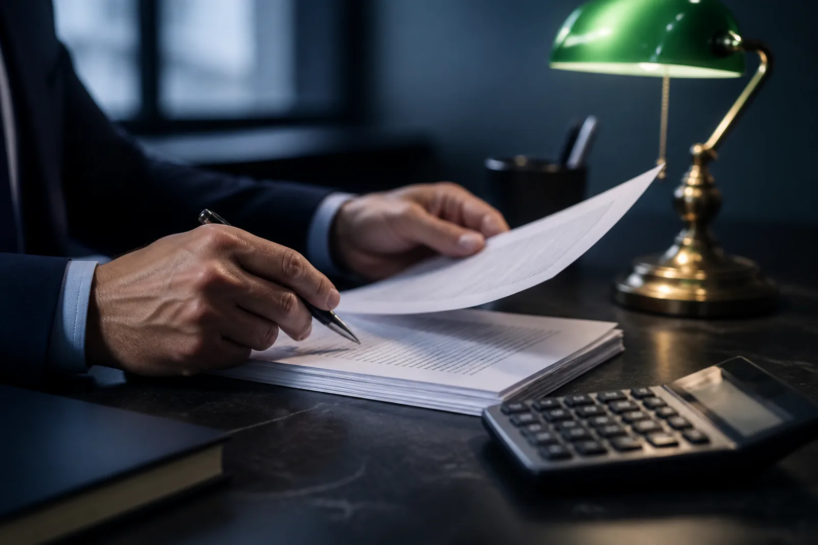 Documentos de contrato e calculadora sobre mesa, em leitura analítica