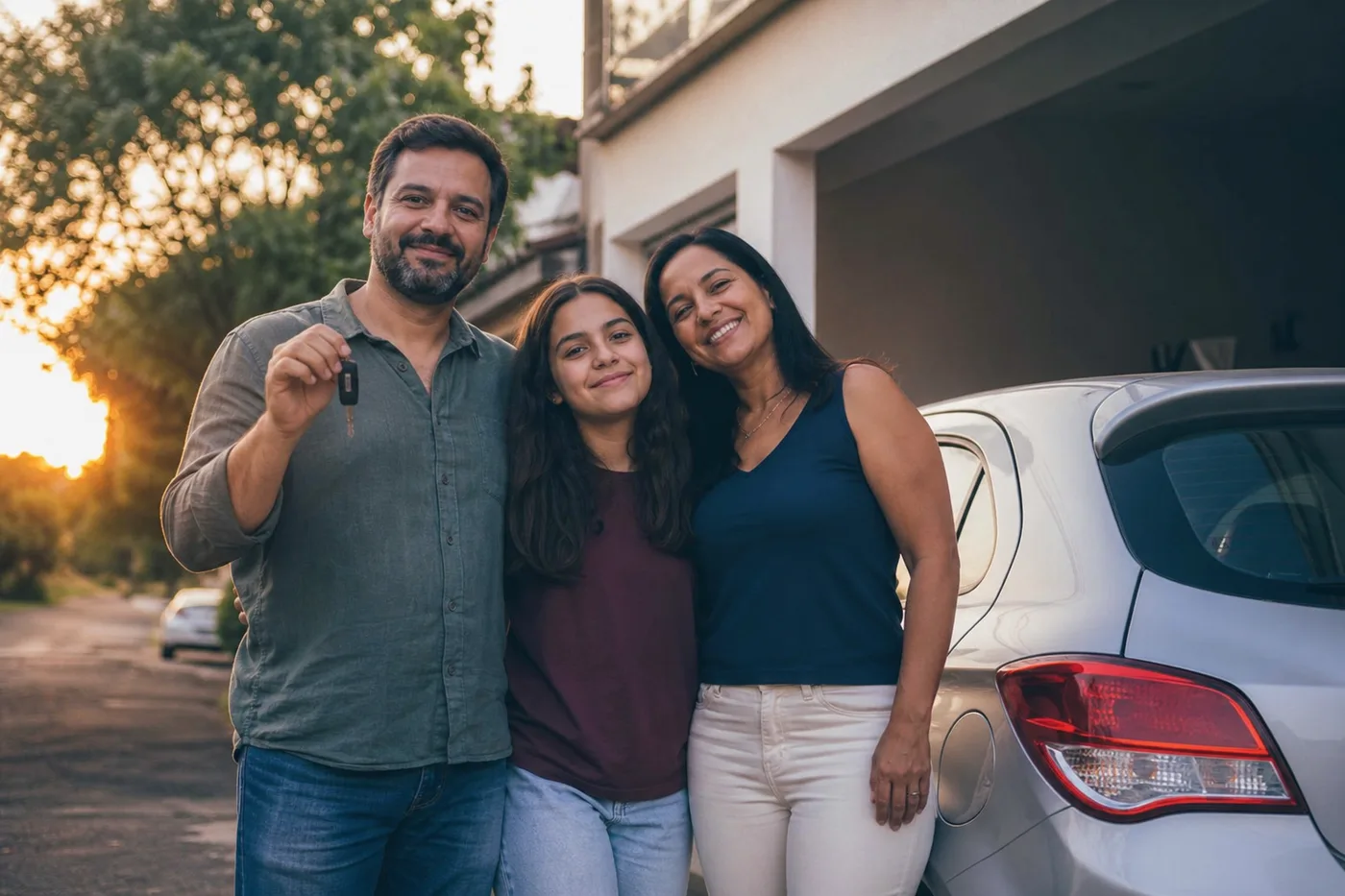 Família brasileira em frente à casa, ao lado do carro, segurando a chave do veículo