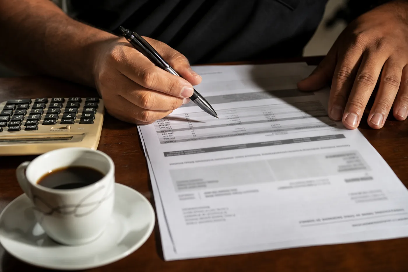 Mãos analisando com caneta a tabela de parcelas de um contrato bancário impresso