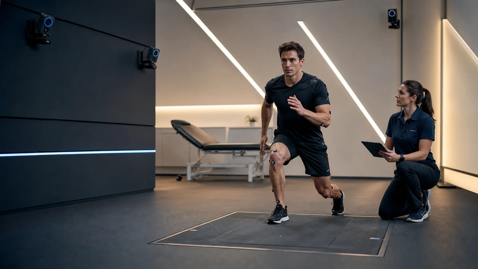 Atleta em avaliação de movimento com fisiologista em laboratório premium de medicina esportiva