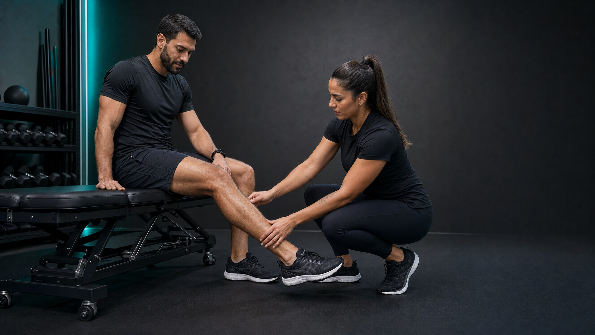 Profissional de recovery avaliando a perna de um corredor após o treino